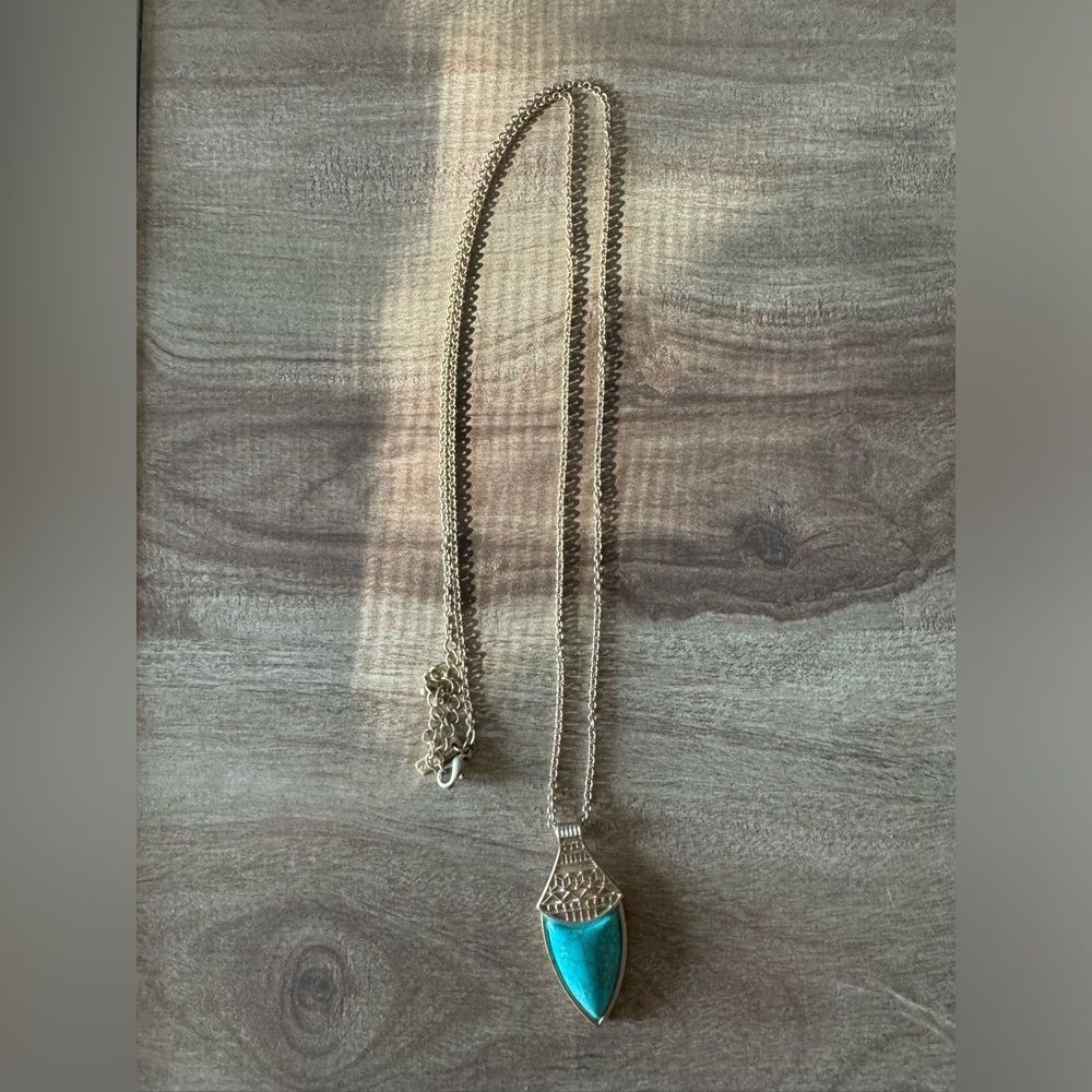 Cookie Lee Signed Long Gold Toned Necklace faux Turquoise Arrow Pendant